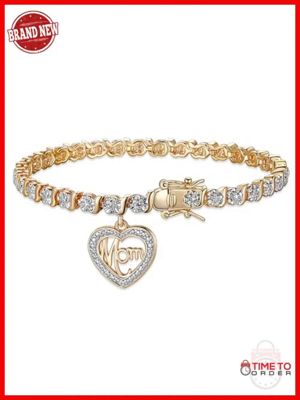 Diamond Accent S-Link Chain Tennis Bracelet with MOM Charm, Hypoallergenic, 18k